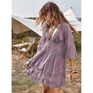 Boho Purple Crochet Lace Cut Out Overlay‎ Dress Swimsuit Cover Up Dress